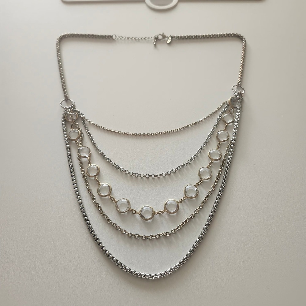 Cookie Lee Silver Tone Five Strand Clear Faceted Bib Statement Necklace Festival